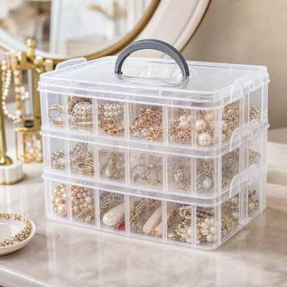 Guyuyii 3-Tier Stackable Bead Organizer with Adjustable Compartments and Carry Handle - BPA-Free Craft Storage Case with Lid for Sewing Supplies, Jewelry, Washi Tape, Embroidery Floss, Lego Pieces
