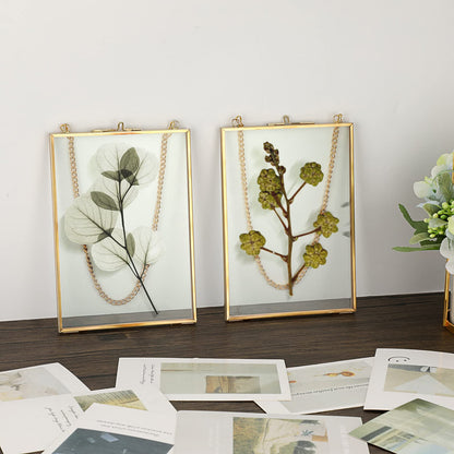 JUXYES Set of 2 Wall Hanging Brass Frames Ornament for Pressed Flowers, Double Glass Hanging Picture Artwork Display Frame, Vertical Gold Floating Style Gallery Wall Frame for Photo Picture Poster etc, 5x7 Inches