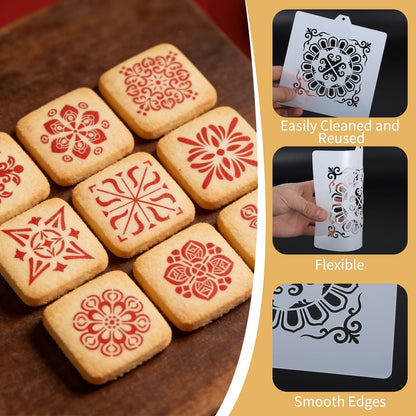 25 Pcs Scroll Tile Cookie Stencils, Reusable Floral Tile Baking Stencils for Royal Icing Airbrush, Cake Biscuit Coffee Decorating Templates for DIY Crafts & Birthday Parties