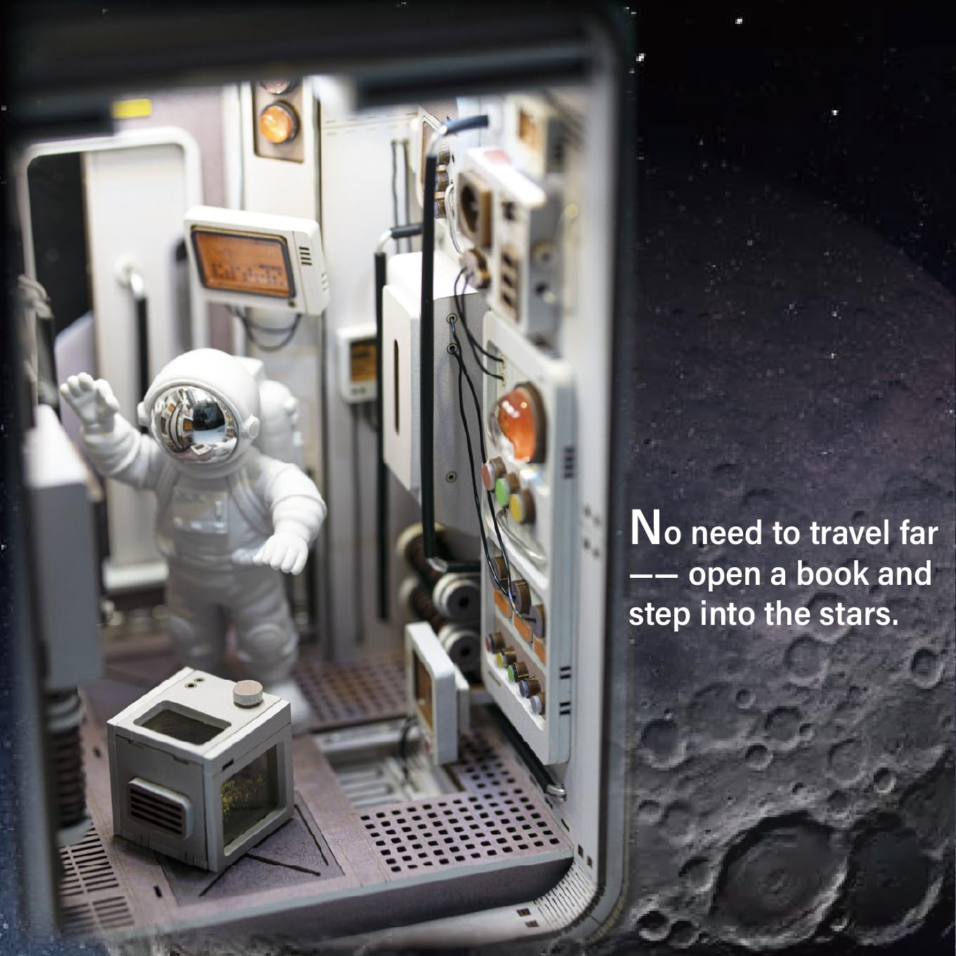 Joohour DIY Book Nook Kit, Dollhouse Miniature, Booknook Bookshelf Insert Decor Alley 3D Wooden Puzzle, Bookends Model Building Kit with LED Light, Gift for Teens and Adults, Space Capsule
