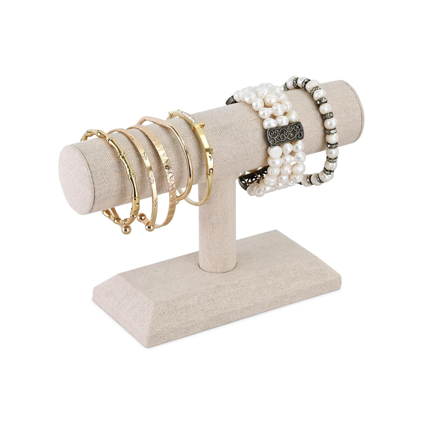 MOOCA Linen Covered Wood Jewelry Display, Jewelry Stand, Bracelet Holder Display, Watch Stand, Bracelet Stand, Tan Linen