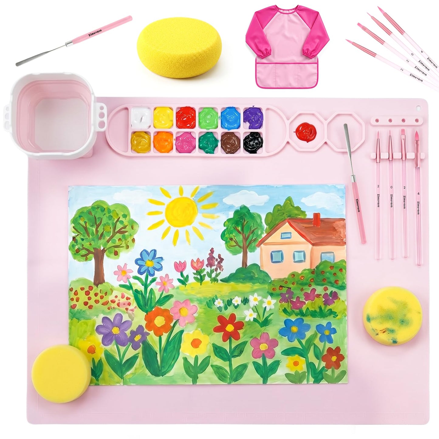 Zimuvora Silicone Painting Mat Set, Paint Mats for Kids with Foldable Silicone Cup, 4 Detail Paint Brushes, 2 Sponge Pads, Apron & Mixing Tool, Washable Art Table Mat (Pink)