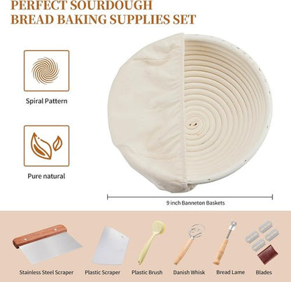 Dimpola Banneton Bread Proofing Basket Set - Handmade Rattan Sourdough Bowls | 9-Inch Round Size