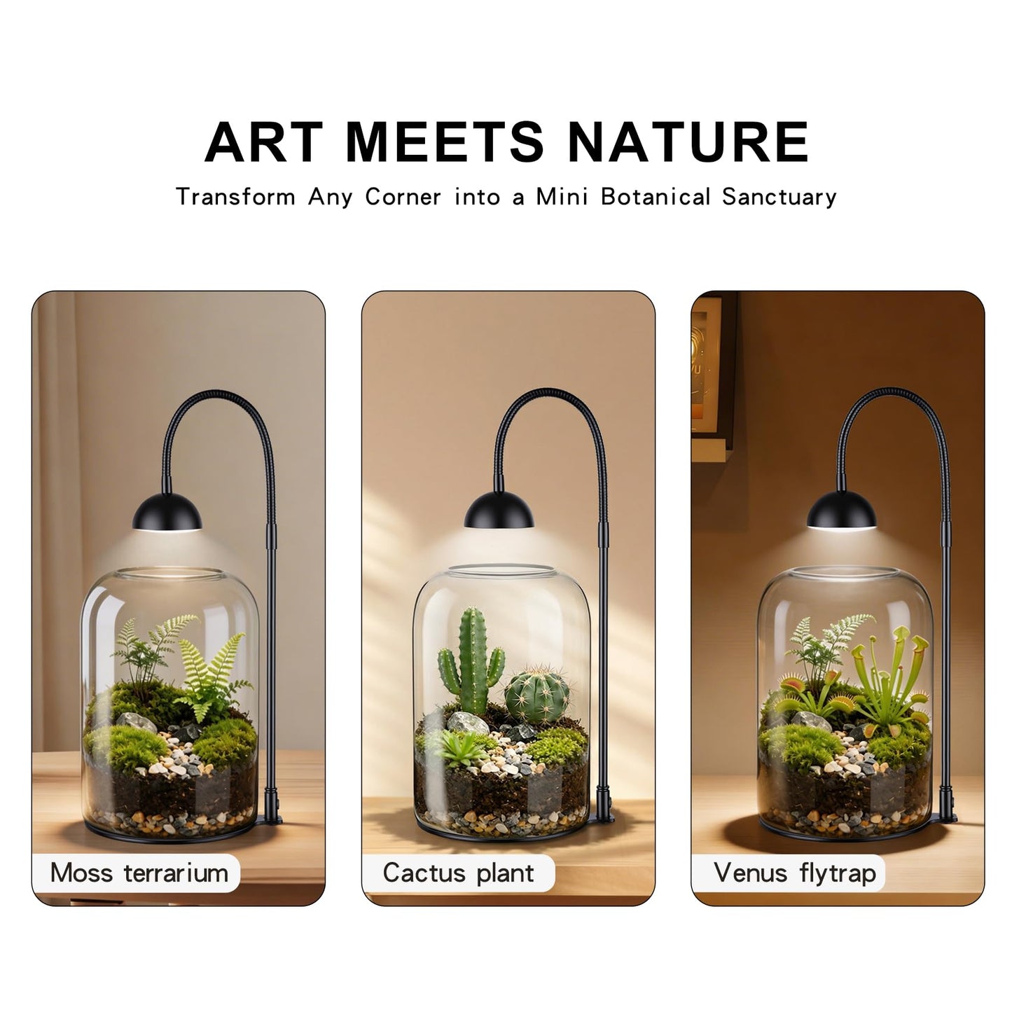 Xyingshine Glass Plant Terrarium with LED Grow Light & Adjustable Ventilation, 8.2" Desktop Terrarium for Venus Fly Trap, Moss & Succulents, Borosilicate Indoor Planter for Home Office Decor
