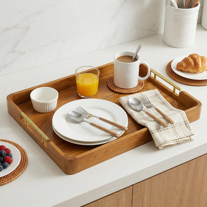 Fopeat Solid Teak Wood Serving Tray with Handles, 17"x13"x2" Rectangular Ottoman Tray for Living Room Kitchen Party, Rustic Decorative Tray for Home Coffee Table Breakfast Dinner Bar