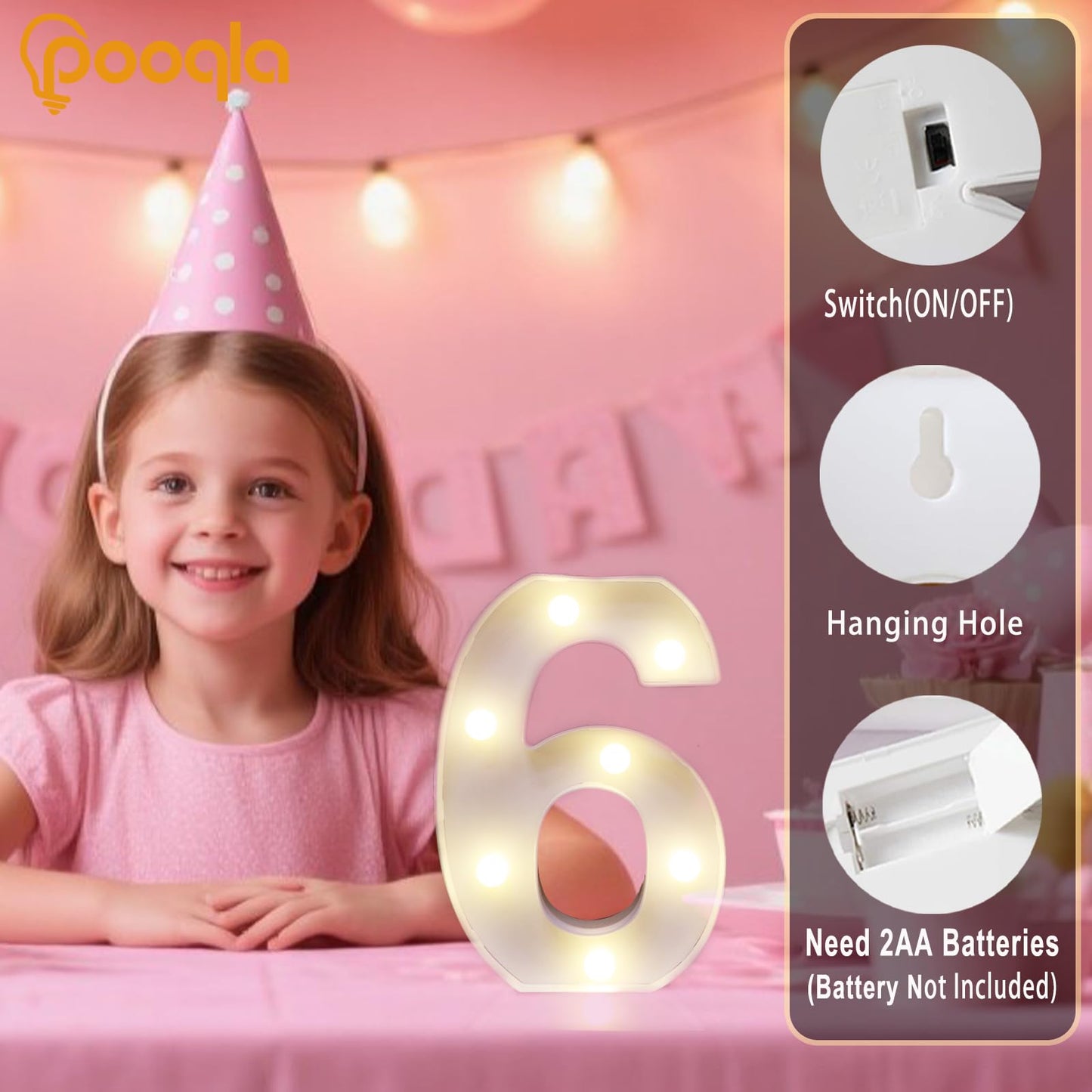 Decorative Led Light Up Number Letters, White Plastic Marquee Number Lights Sign Party Wedding Decor Battery Operated Number (6)