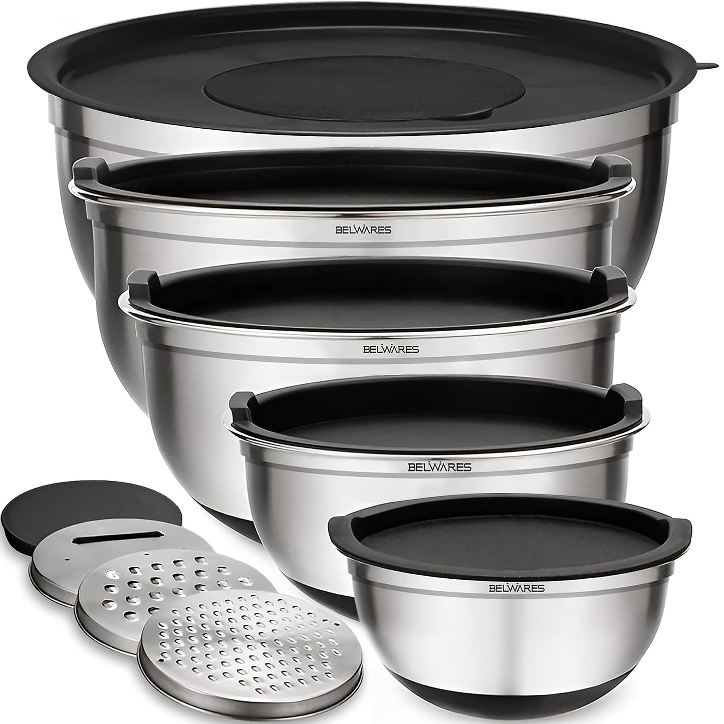 Belwares Mixing Bowls with Lids Set of 5 - Stainless Steel Mixing Bowl Set, Kitchen Nesting Metal Bowls with Non Slip Bottoms + 3 Grater Attachments, Airtight Lids, Food Prep + Storage, Matte Black