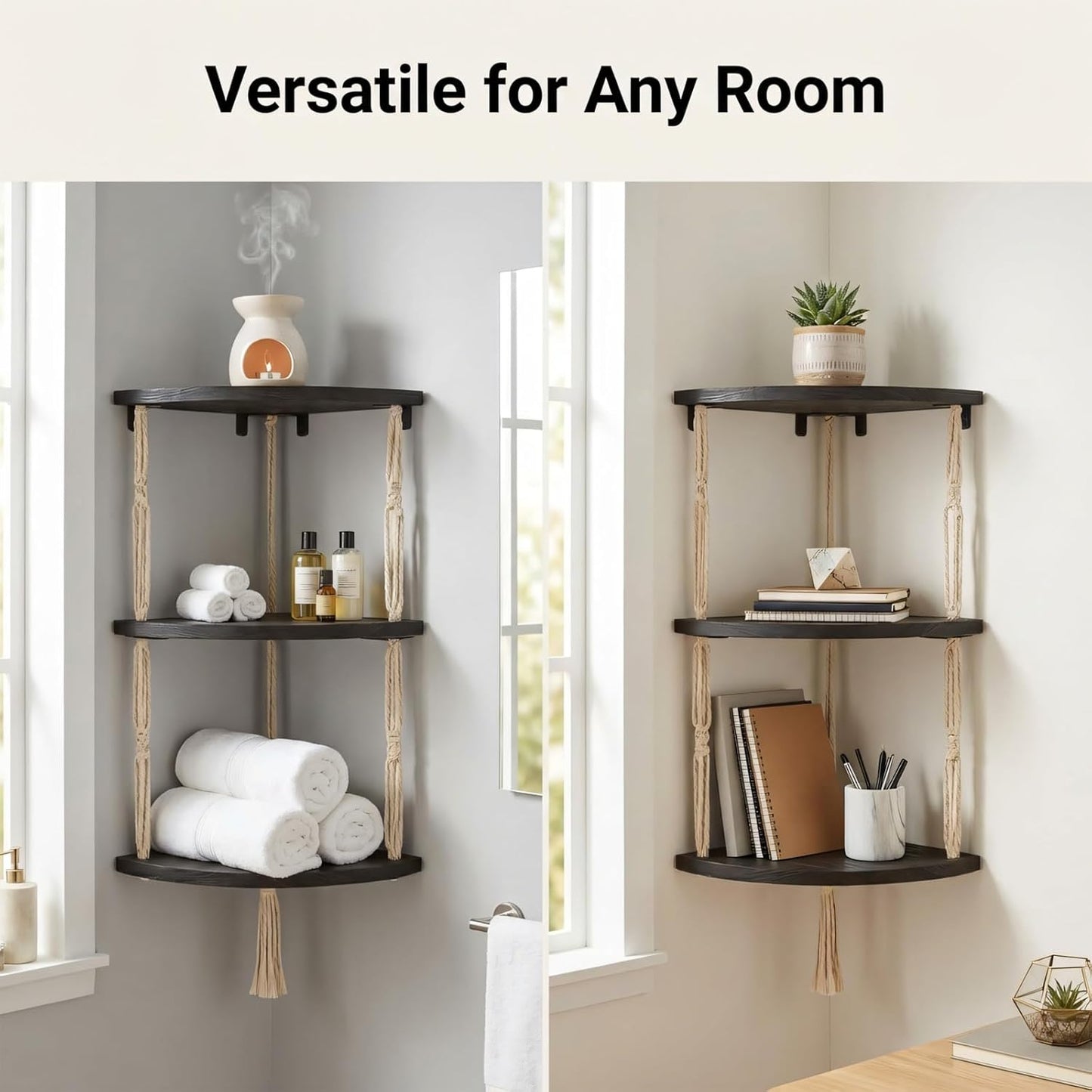 3-Tier REFGY Corner Floating Shelves with Aesthetic Greenery & Fairy Lights - Premium Wood-Textured Boho Wall Hanging