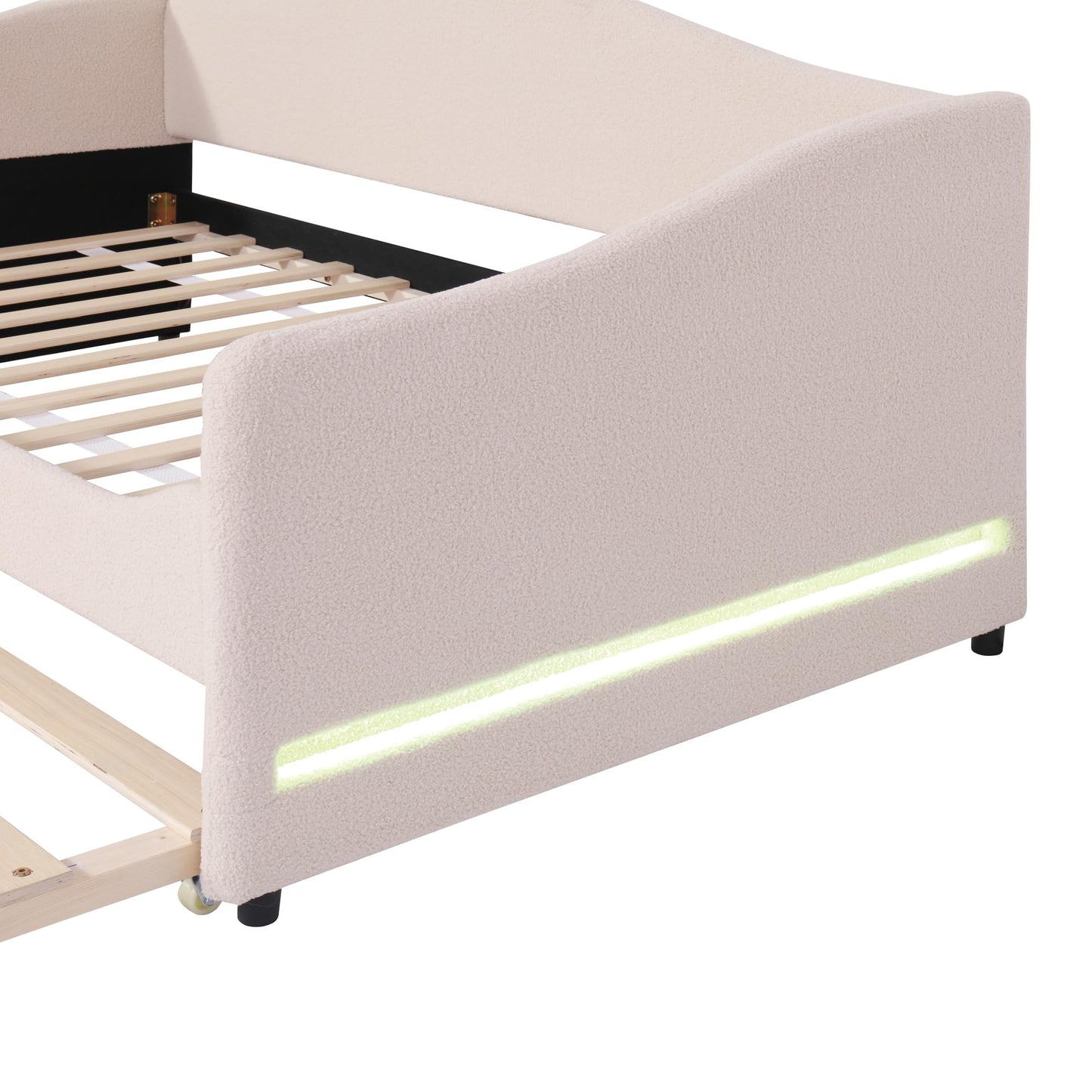 Merax Twin Size Upholstered Daybed with Light and Trundle, Beige Teddy Fleece Sofa Bed Modern Wooden Platform Bed Frame for Bedroom, Living Room, Guest Room, Apartment