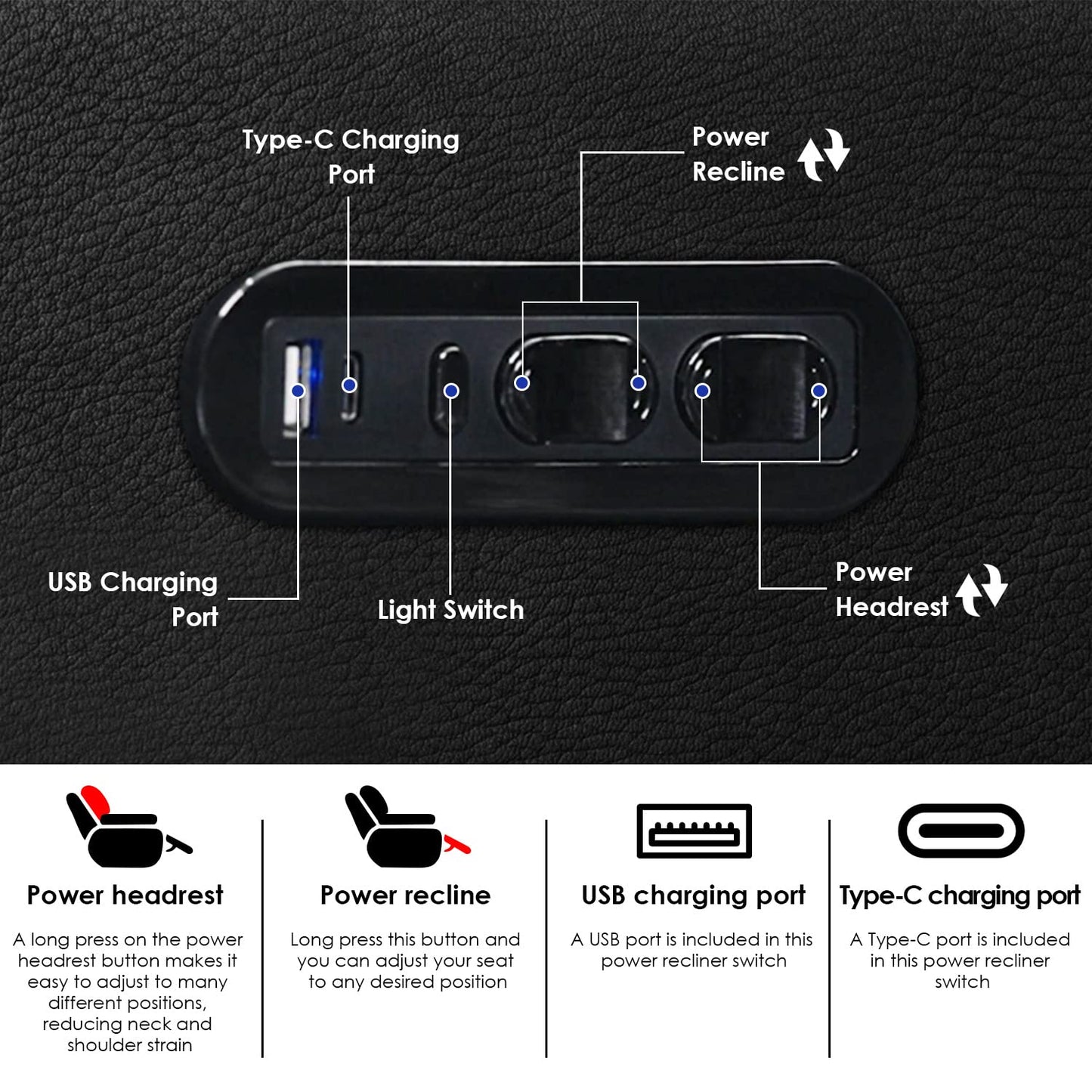Weilianda Home Theater Seating Top Grain Leather Recliner Chair Power Headrest and Recline Movie Seats Gaming Sofa with Tray Table Type-C USB Charge Cup Holders Row of 6 Black