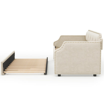 Twin Size Daybed with Trundle, Upholstered daybed Frame with Button Tufted and Nailtrim on Arms, Wood Sofa Bed with Trundle Bed and Caster Design for Living Room, Bedroom, Guest Room, Beige.