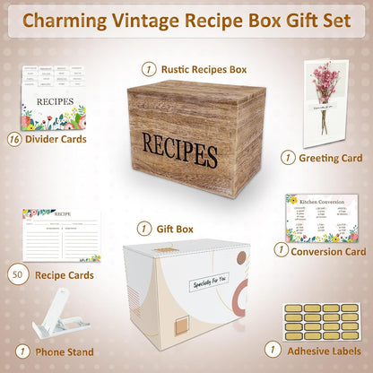 Recipe Box with 50 Recipe Cards 4x6, Rustic Wood Organizer Set for Housewarming and Weddings