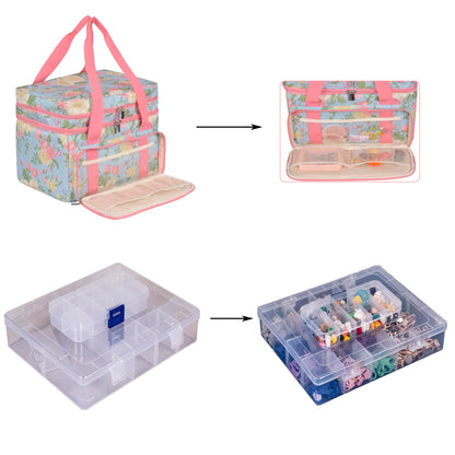 Remobia Hicol Sewing Accessories Organizer,Double Layer Sewing Storage Organizer Bag with 2 Detachable Pouches and 2 Pack Clear Plastic Organizer Box,Large Sewing Supplies (Rose Pattern)