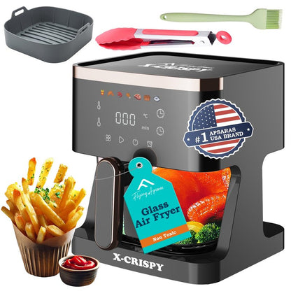 APSARAS USA Air Fryer Glass, 5.2QT Convection Oven Glass Air Fryer Non Toxic, Transparent Fry Bowl | Cook Shrimp, Steak, Fries, Wings, Chicken & More | Precise Temperature Control & Time