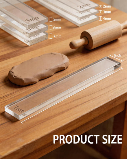 Clay Tools Set for Polymer & Air Dry Clay, Rolling Pin with Thickness Rings (2/3/4/5/6/7 mm), Acrylic Roller Guides, Slab Roller Guides & Thickness Bars for Pottery & Crafting (12 Pieces)