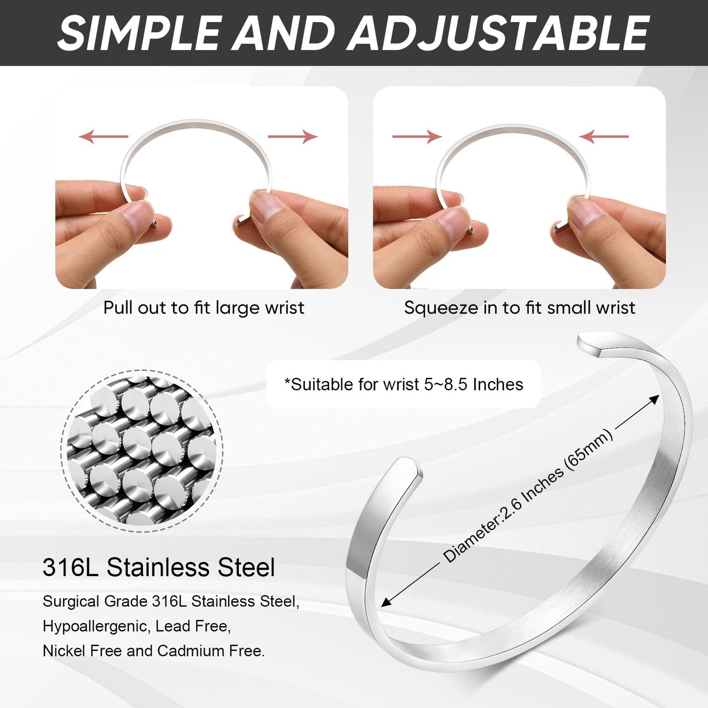 MEALGUET Stainless Steel Mens Cuff Bracelet : Minimal Cool Silver Open Metal Cuff Bangle Bracelets for Men,65mm,Mens Bracelet Jewelry