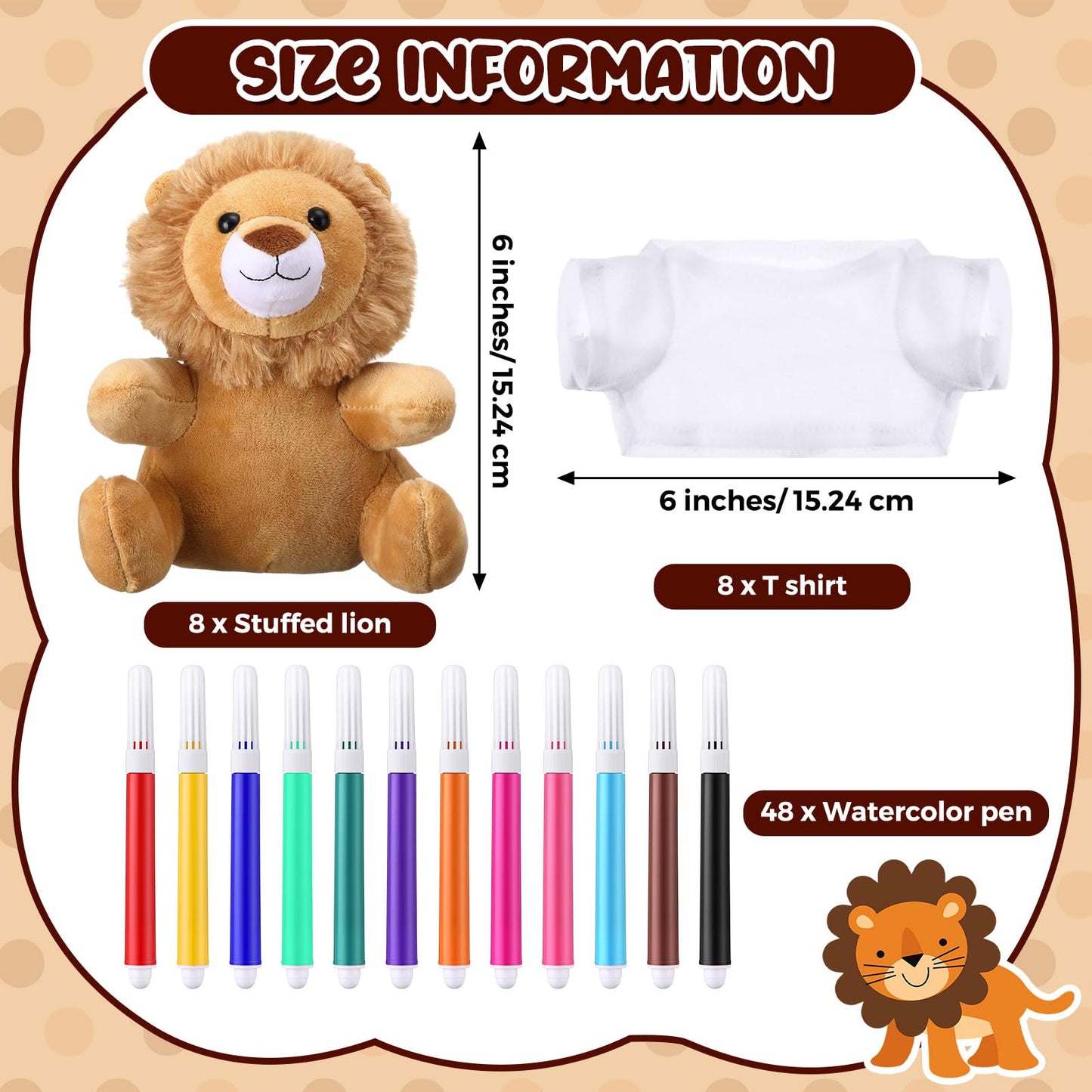 Blueweenly 64 Pcs Make Your Own Stuffed Animal Lion Kit Including 6 Inches Soft Lion Plush with White T Shirt and 12 Colors Pens for Birthday Favors Forest Party Crafting Gifts