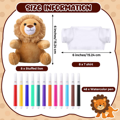 Blueweenly 64 Pcs Make Your Own Stuffed Animal Lion Kit Including 6 Inches Soft Lion Plush with White T Shirt and 12 Colors Pens for Birthday Favors Forest Party Crafting Gifts