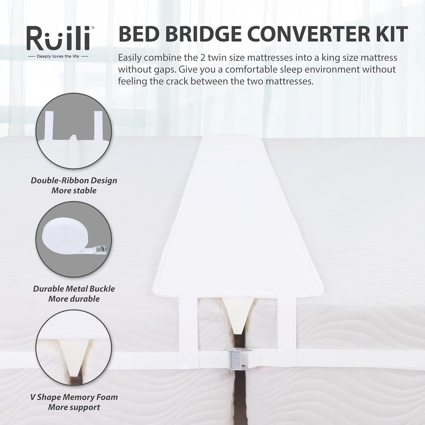 Ruili Bed Bridge Twin to King Converter Kit, Adjustable Comfortable Bed Connector with Strap and Storage Bag