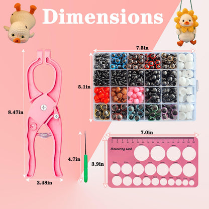Safety Eye Tool Kit for Amigurumi & Crochet-1150PCS 3D Glitter Safety Eyes,5-30mm Stuffed Animals Safety Eyes Doll Making Supplies,Safety Eye 10-30mm Sizer Tool,Ergonomic Design for Crafting (Pink)