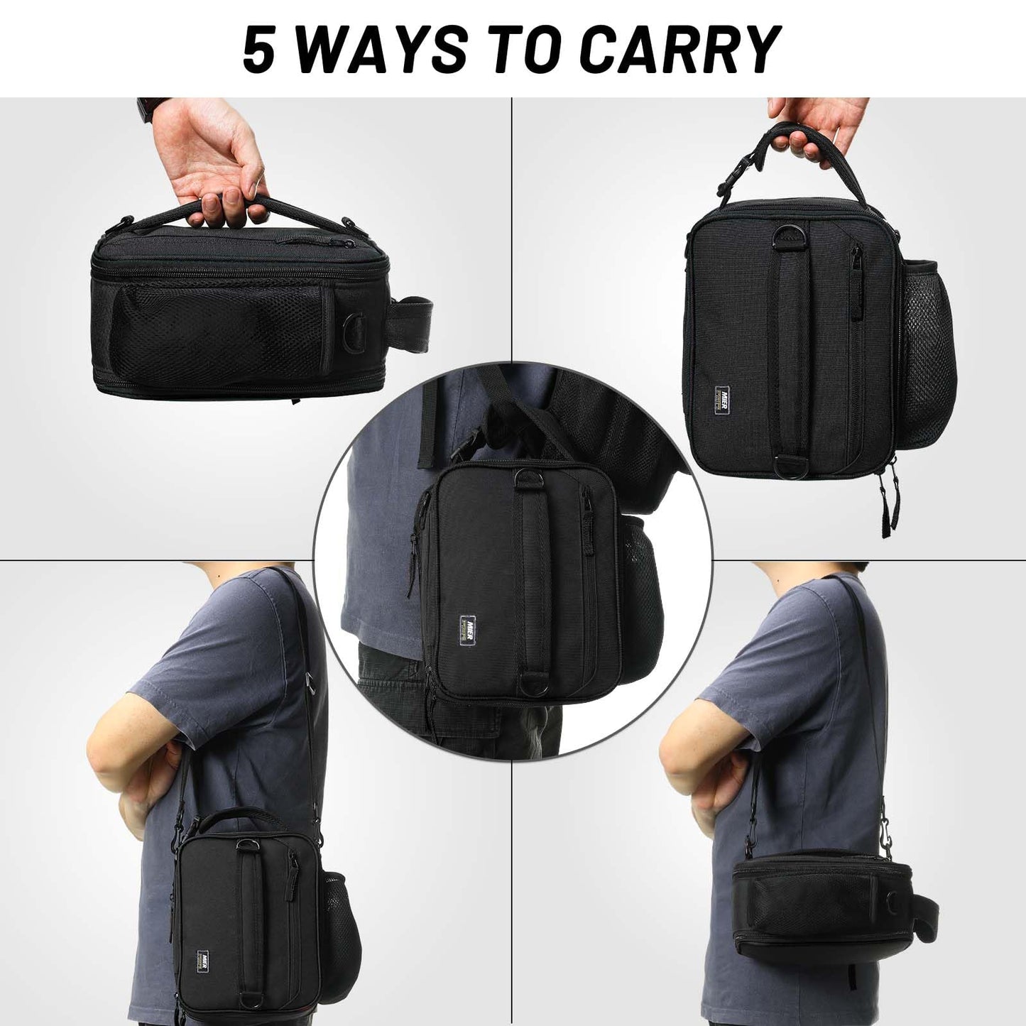 MIER Expandable Lunch Bag Insulated Lunch Box for Men to Work Travel Portable Lunchbox Bags with Shoulder Strap and Water Bottle Holder, Black