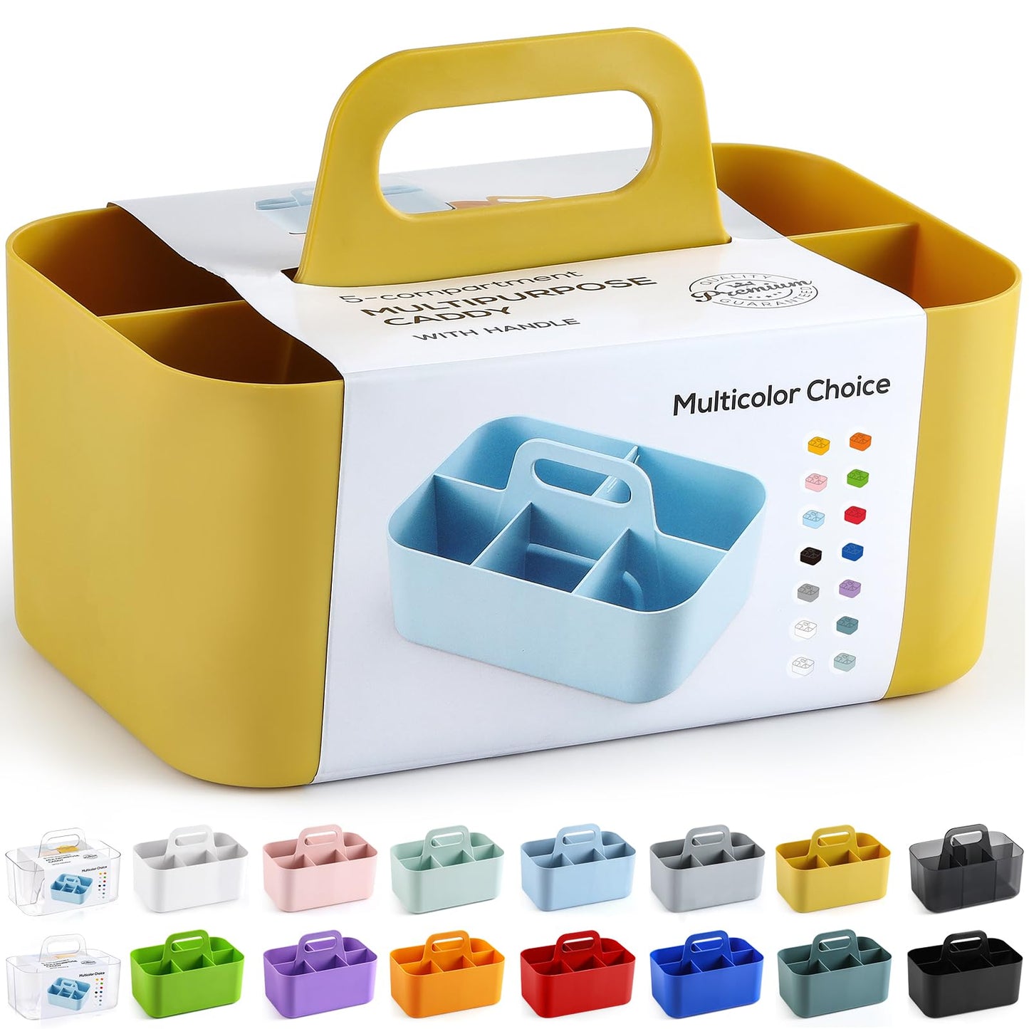 Multiuse Caddy Organizer with Handle, Portable Divided Plastic Tote Bin - Art Craft, Stationary Pen Marker Crayon, Makeup Hair Supplies Storage - Bathroom, Classroom, Dorm, Office, Desk Holder -Yellow