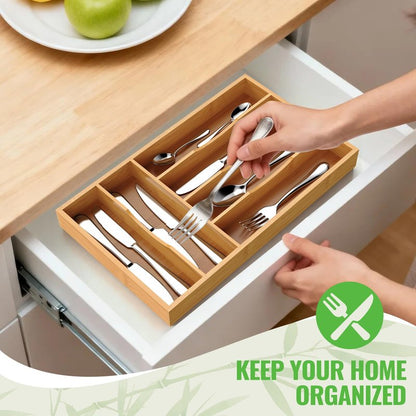 Bayting Bamboo Silverware Organizer, Bamboo Kitchen Drawer Cutlery Organizer, Utensil Holder, Flatware Organizer Tray (15.8"x9.5"x1.6")