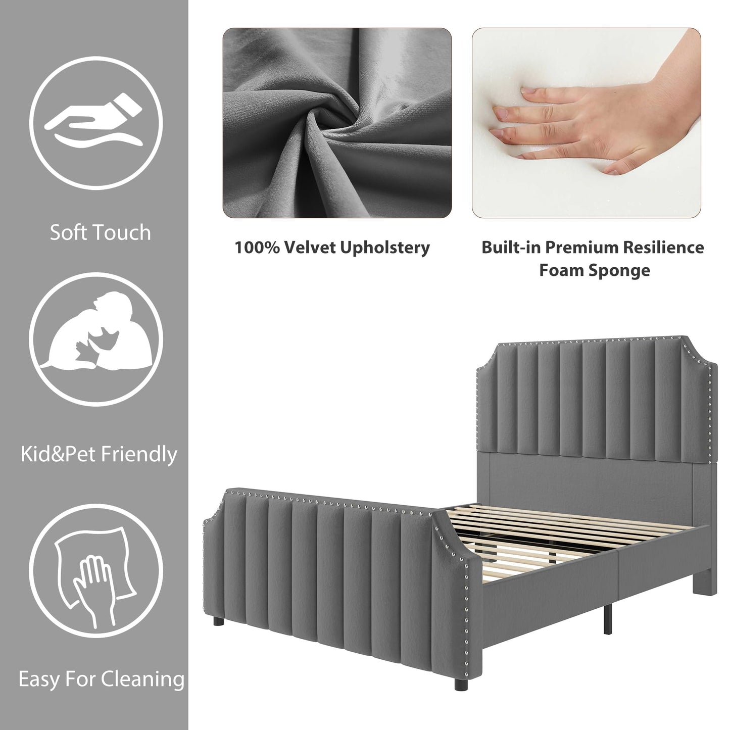 GarveeHome King Size Platform Bed Frame with 50.2 in Headboard, Velvet Upholstered Bed Frame King with Vertical Channel Tufted Headboard & Footboard, Nailhead Trim, No Box Spring Needed, Grey
