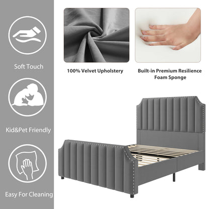 GarveeHome King Size Platform Bed Frame with 50.2 in Headboard, Velvet Upholstered Bed Frame King with Vertical Channel Tufted Headboard & Footboard, Nailhead Trim, No Box Spring Needed, Grey