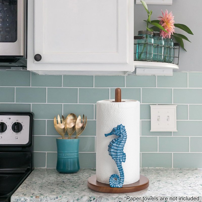 Seahorse Paper Towel Holder - Beach House Decor Unique Coastal Decor Seahorse Gifts for Women, Funny Cute Paper Towel Holder Stand Wood Kitchen Countertop Bathroom Decor Blue Coastal Kitchen