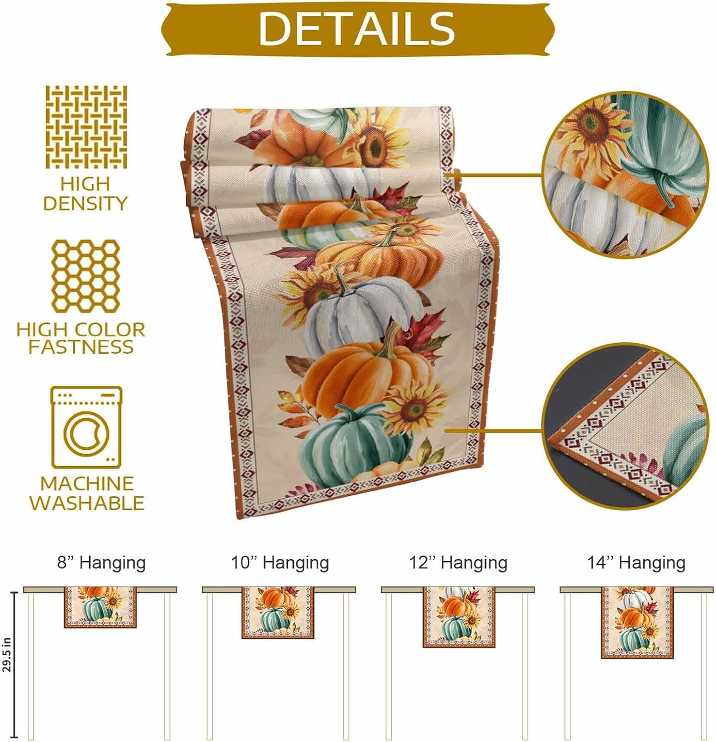 LooPoP 13x108 Inches Thanksgiving Fall Pumpkin Table Runners Maple Leaf Orange Lattice Long Washable Table Runner