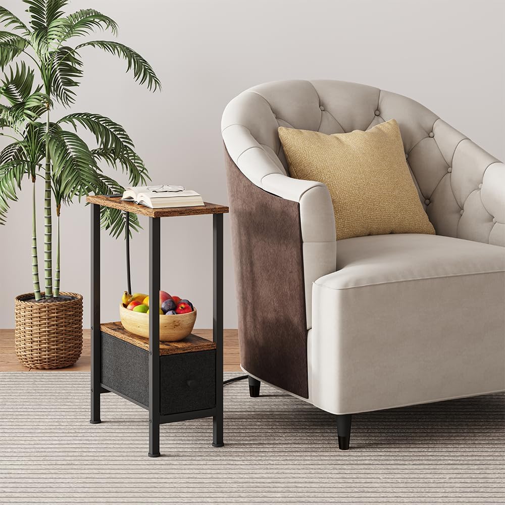 1 1 VIMBER Narrow Side Table for Small Spaces, Skinny End Table with Charging Station, Sofa Beside Table with Drawer