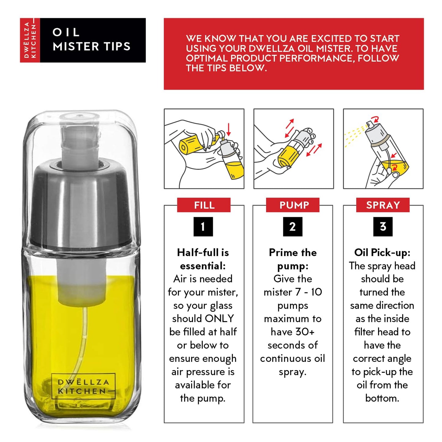 DWËLLZA KITCHEN Olive Oil Dispenser Bottle For Kitchen & Sprayer For Cooking - 2 In 1 Glass 17 Oz. Cooking Oil/Syrup Dispenser With Measurements & 6 Oz. Spray Bottle Set