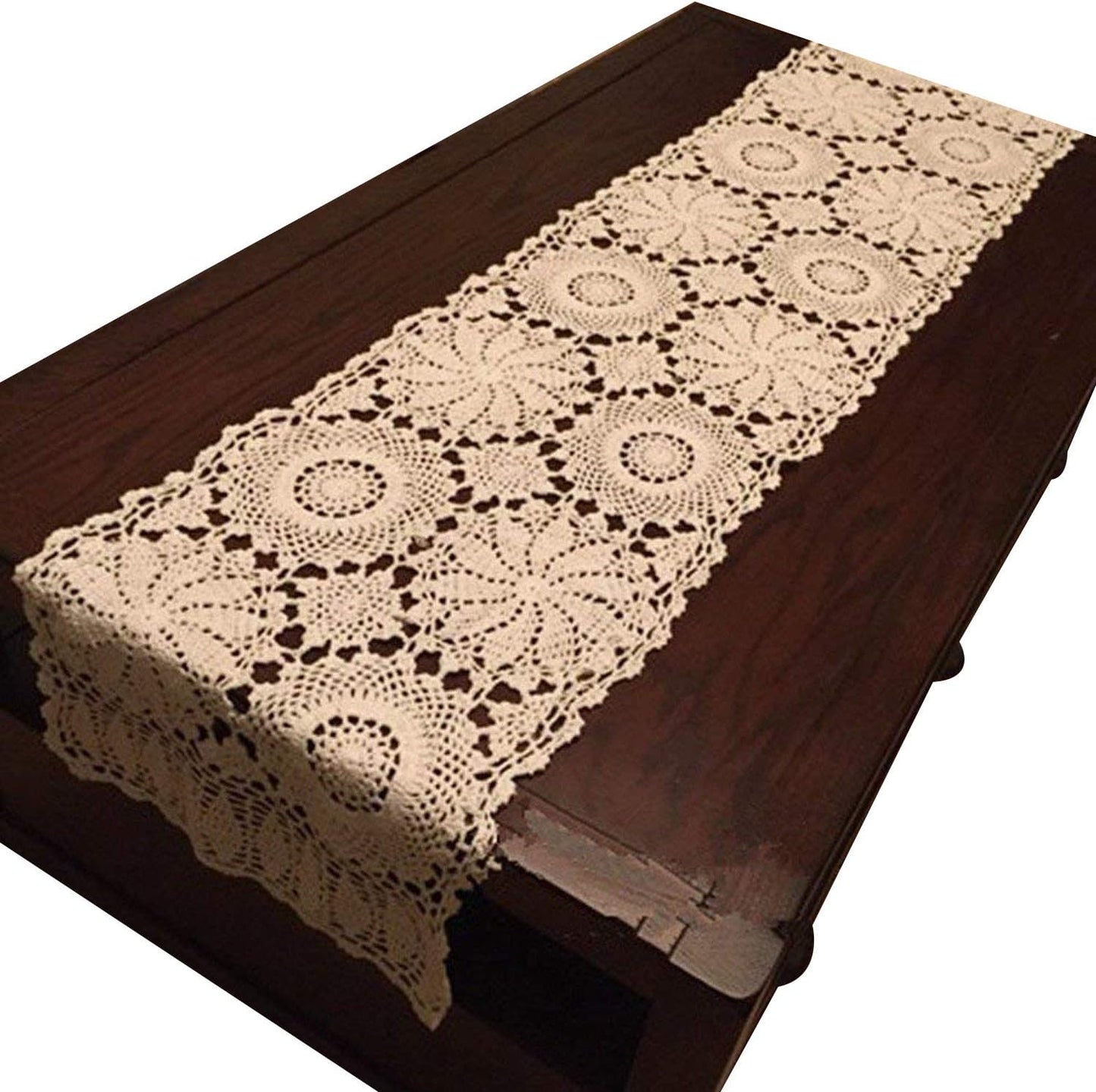 15"X70" USTIDE Rustic Floral Table Runner Hand Crochet Table Doily Beige Cotton Lace Table Decoration for Coffee Table