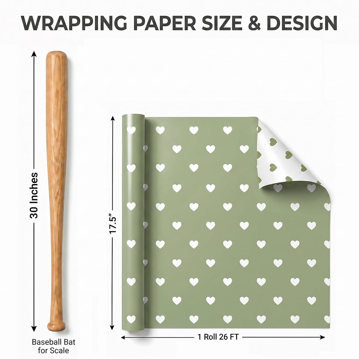 WRAPLULU Reversible Hearts Wrapping Paper Roll - 17.5" * 26 Ft. - Sage Green Gift Wrap, Perfect for Wedding, Bridal Shower, Valentines Day, Anniversary, Birthday, Baby Shower, Mother's Day
