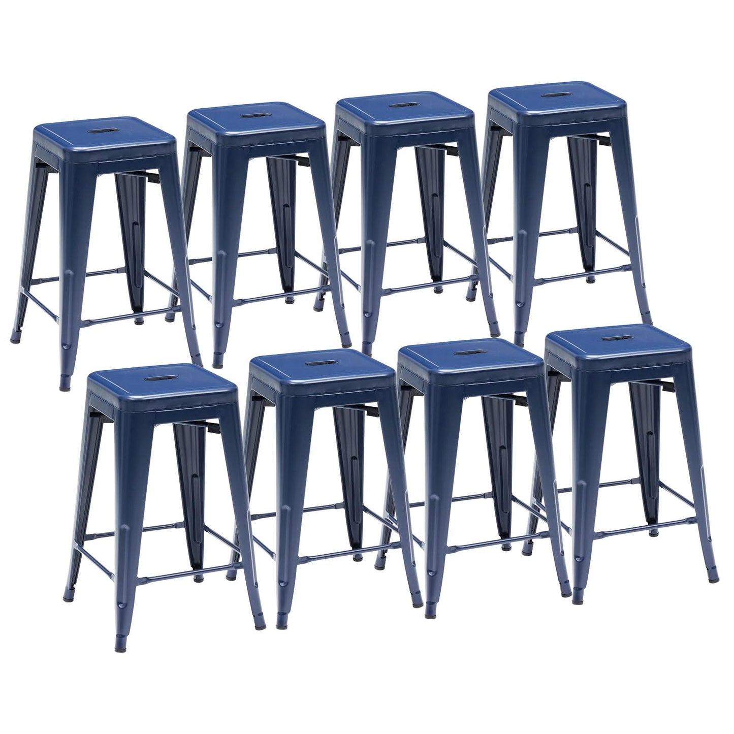 Sweetcrispy Metal Bar Stools Set of 8, 24 Inch Stackable Restaurant Classic Trattoria Metal Chairs, Backless Counter Height Barstool Chairs for Dining Room, Kitchen Island, Indoor Outdoor Use, Blue