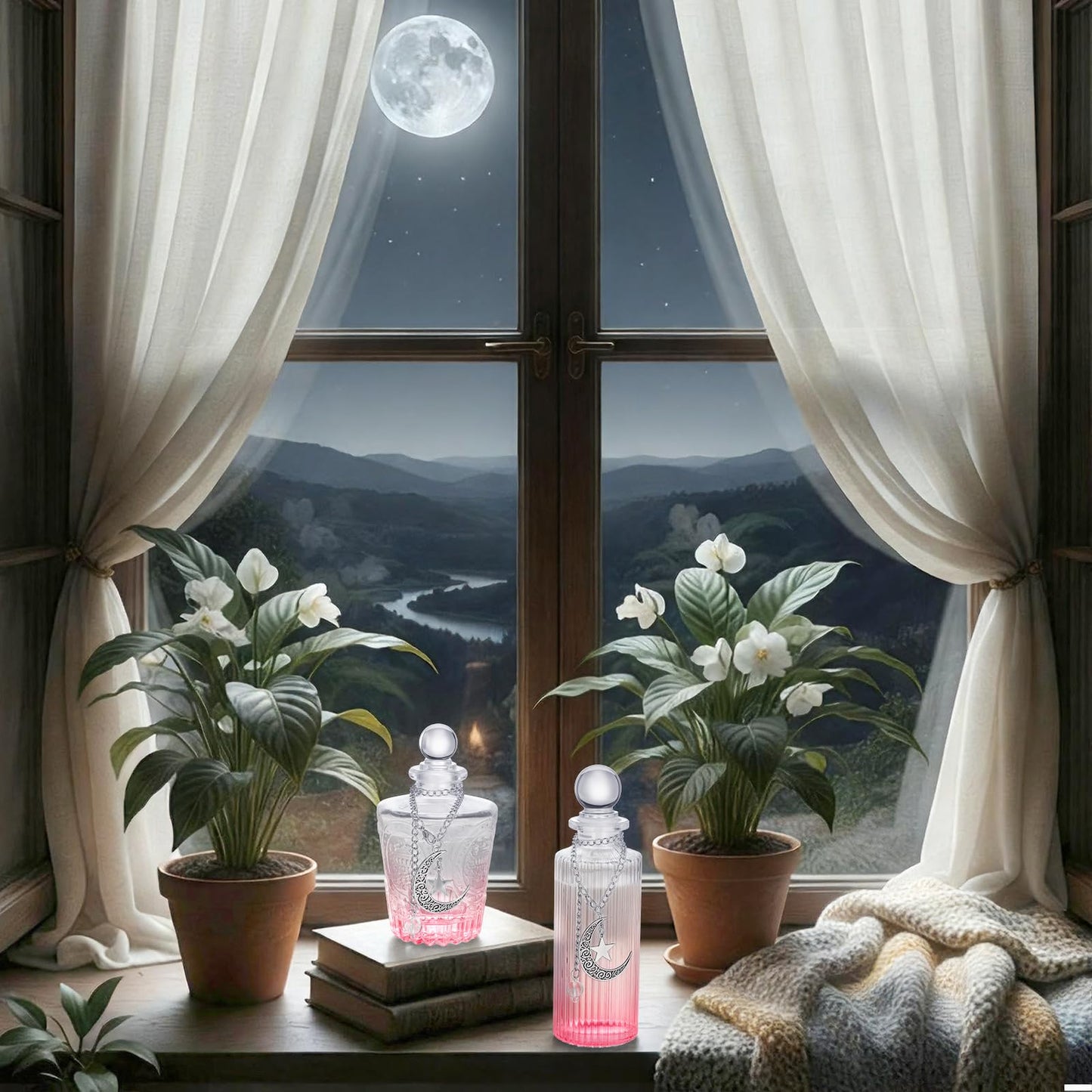 Potchen 2 Pcs 5 oz Moon Energy Glass Bottle with 2 Lunar Star Spiritual Moonlight Water Jar Chain Charging Container with Lid for Infusing Intentions Crystal Cleansing Meditation Witchcraft Home Decor