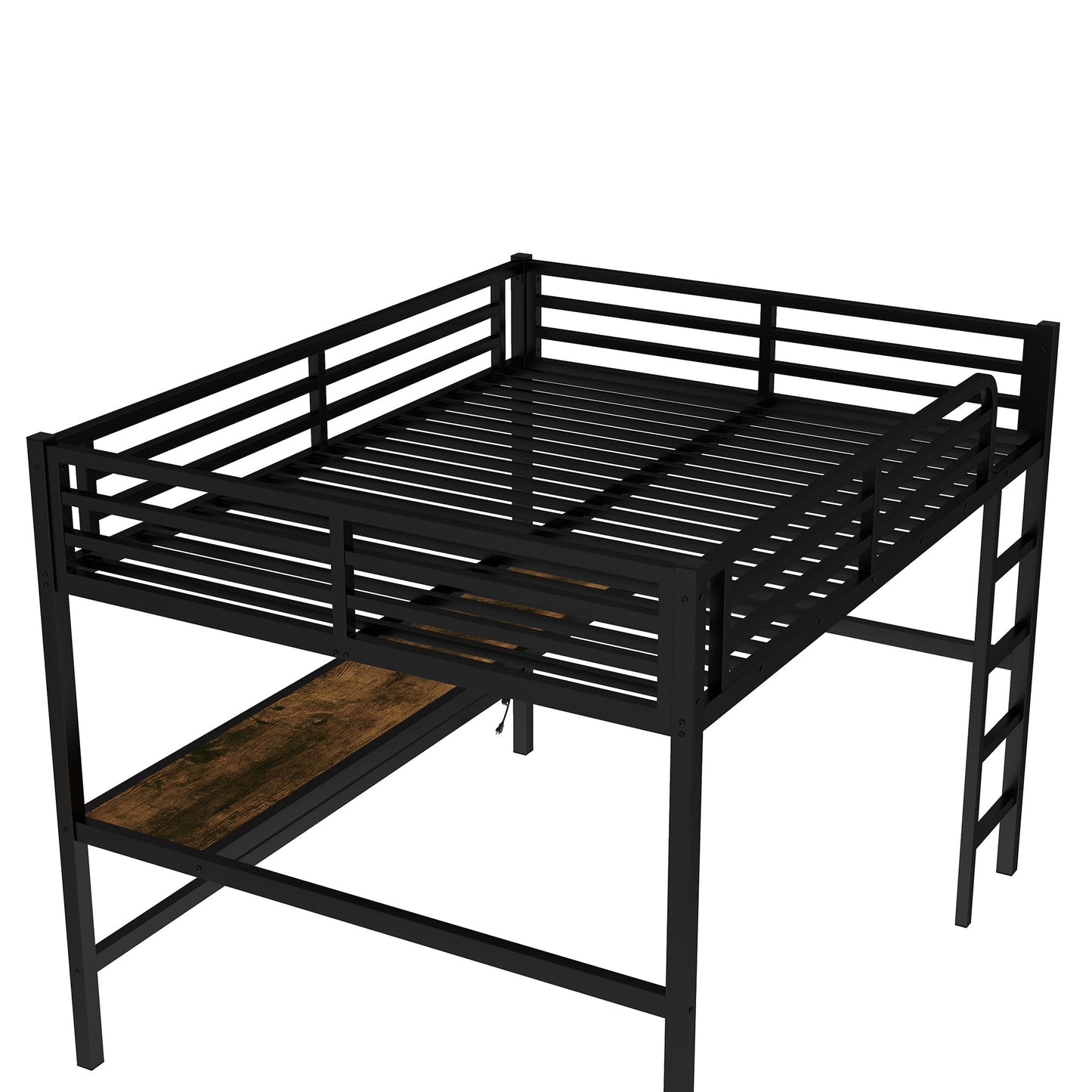 KEIKI Metal Queen Size Loft Bed with Power Outlet and LED Lighted, Space-Saving, Noise Reduced, Black