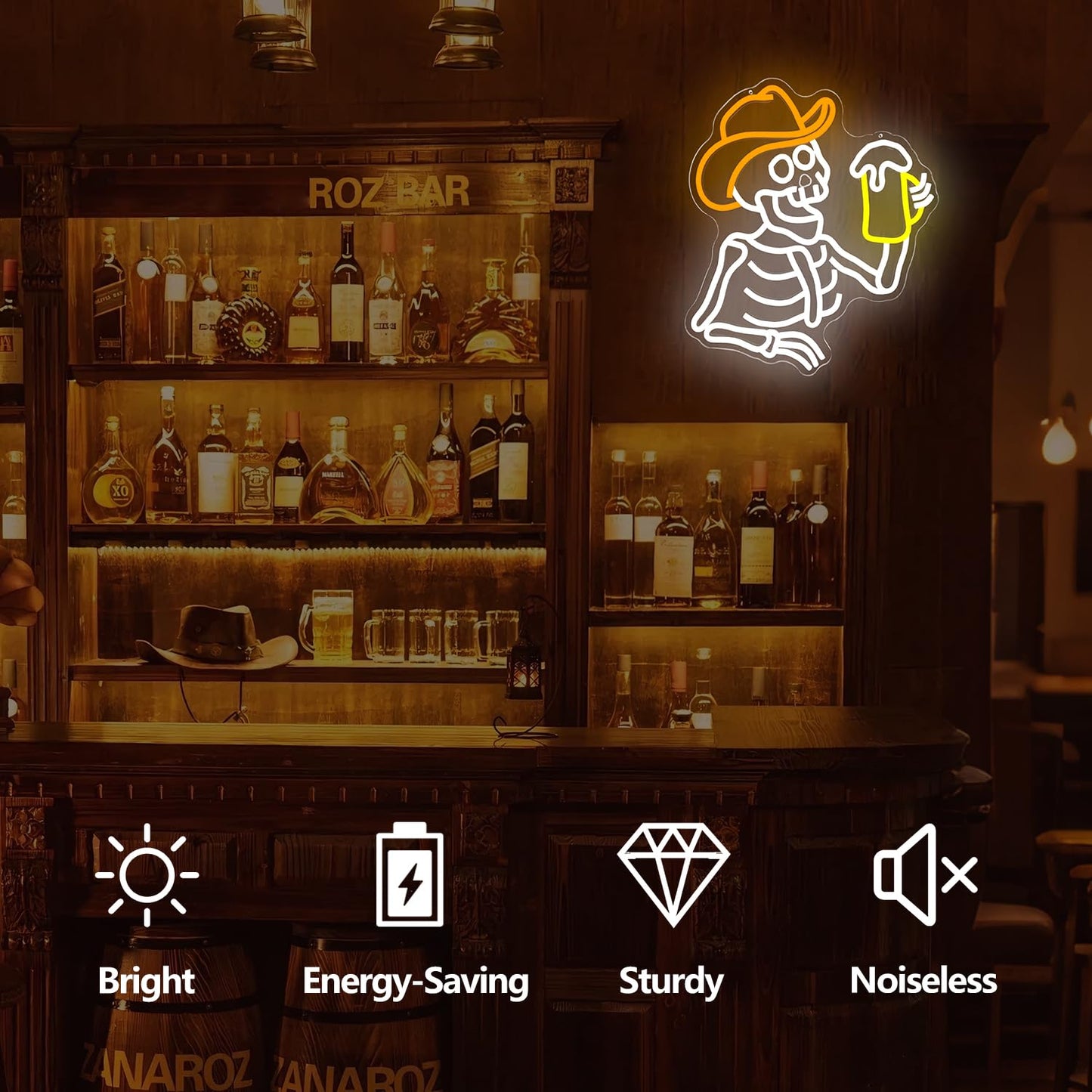 hhuohuona Cowboy Skeleton Beer Neon Sign Dimmable Western Bar Led Signs for Wall Skull Neon Sign Western Bedroom Decor Neon Lights for Man Cave Cowboy Gifts for Men
