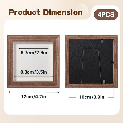 4 PCS Shadow Box Picture Frame, Vintage Small Wall Mounted & Tabletop Wood Square Frame with Real Glass for Mini Dried Flower Bouquet, Memorabilia, Medals, Badges, Shells, Photos (Walnut) (4 x 4 Inch)
