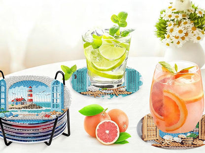 8 PCS Diamond Art Coasters Kits Lighthouse Diamond Painting Coaster Kits Diamond Coasters with Holder Cork Pads Gem Art Dots Paintings Crafts Supplies for Adults Beginners