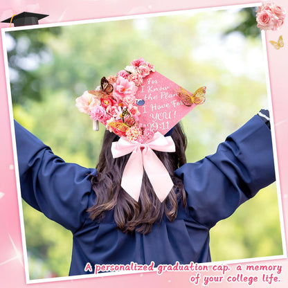 Naozinebi 55 Pcs Pink DIY Graduation Cap Decorations Faux Assorted Flowers Pink Bows 3D Butterfly Stickers Glitter Alphabet Letter Number Decals for DIY Hat Grad Cap Topper Graduation Party Supplies