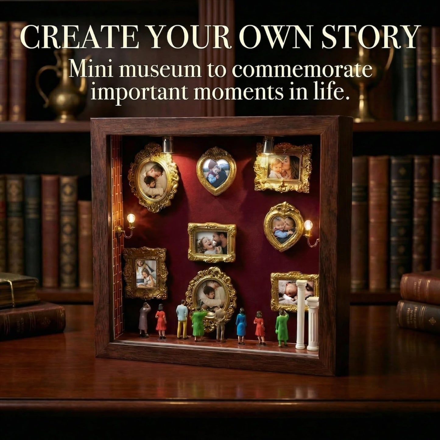 DIY Mini Museum Silhouette Box, Shadow Box Frame Set, Museum of Us Box with Gold Mini Picture Frames & Figurines for Mother's Day, Anniversary and Valentine's Day Gifts (Walnut Wood Color)