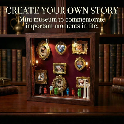 DIY Mini Museum Silhouette Box, Shadow Box Frame Set, Museum of Us Box with Gold Mini Picture Frames & Figurines for Mother's Day, Anniversary and Valentine's Day Gifts (Walnut Wood Color)