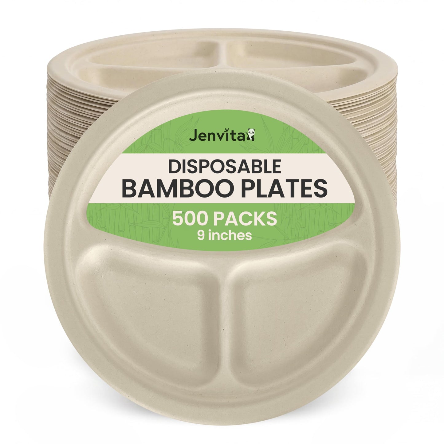 Jenvita Bamboo Paper Disposable Plates with Compartment (500-Pack, 9-inch) - Sturdy & Microwave Safe | Disposable Sectioned Plates | PFAS Free, Biodegradable | FSC Certified Alternative to Plastic