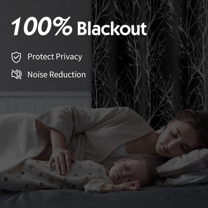 FMFUNCTEX 100% Blackout Curtains for Bedroom, 54 Inch Length Black Branch Panels for Living Room, Thermal Insulated 2