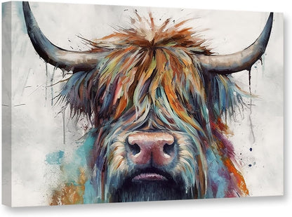 CCWACPP Highland Cattle Canvas Wall Art, Colorful Cow Painting Print, Rustic Farmhouse Decor Frame (12x18inch)