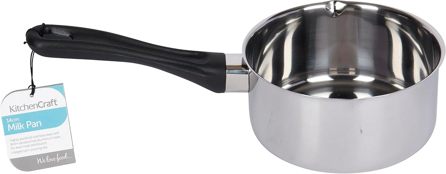 KitchenCraft Induction Milk Pan, Stainless Steel, 14 cm (6''), with Pouring Lip, Silver