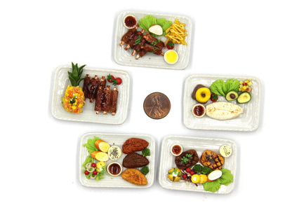 Lovely Mixed 5 Assorted Hawaiian Grilled, Steak, with Appetizer Dish Dollhouse Miniature Food, Tiny Food for Collectibles, Compatible with Barbie Dollhouse and Diorama Scale 1:6, 1/6