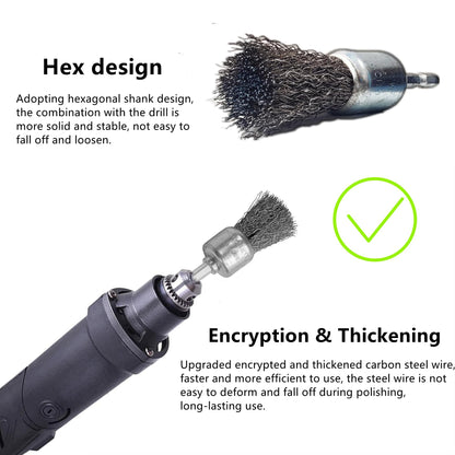 ROZZLOOM Abrasive Wire Pen Brush Set for Drill - 1/4 Inch Hex Shank 1 Inch Wire Pen Brush - Stainless Steel Crimped Carbon Steel Brush for Rust,Cleaning,Deburring,Removing Paint-6pcs